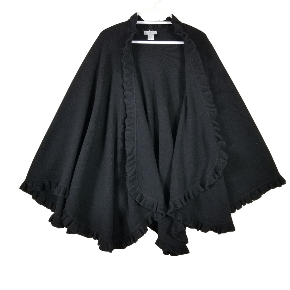 Sutton Studio Black 100% Wool Ruffle Trim Poncho Wrap Made in Italy Womens OS